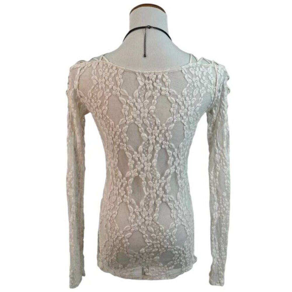 Free People White Sheer Lace Lace Up Shoulder Top XS | Balletcore Coquette Siren - Picture 9 of 11